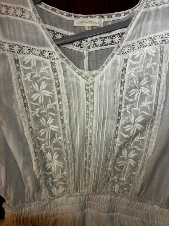 LoveShackFancy White Cotton Eyelet Embroidered Tiered Mini Dress – Lace Inset, - Picture 8 of 10